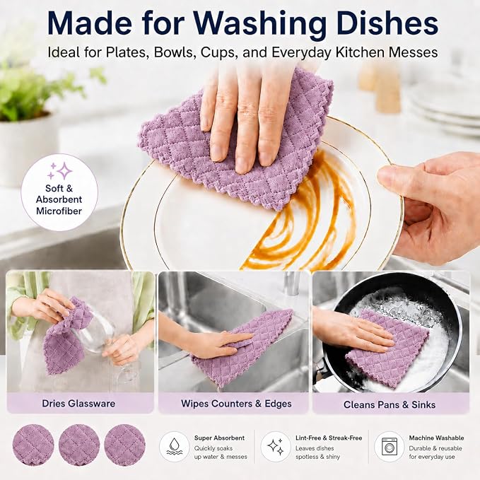 kimteny 12 Pack Dish Cloths for Washing Dishes | Super Absorbent Microfiber Kitchen Dish Rags, Fast Drying Coral Velvet Dish Cloths for Kitchen Counter and Dishes,Purple-Grey