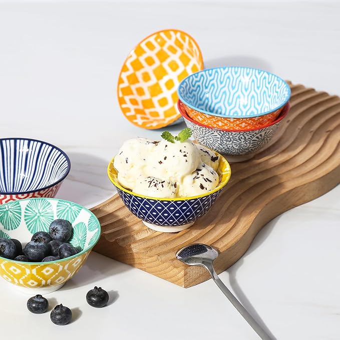 Selamica Porcelain Ice Cream Bowls Set of 6, Small Bowls, Assorted Colors | Ceramic bowls for Dessert, Ice Cream