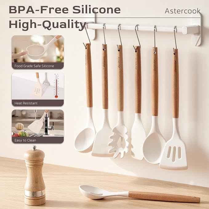 Astercook Kitchen Utensils set, 39 PCS Silicone Cooking Utensils Set with Wooden Handle, 446°F Heat Resistant Food Grade Utensil Sets, BPA Free Kitchen Gadgets Tools Set for Nonstick Cookware (Cream)