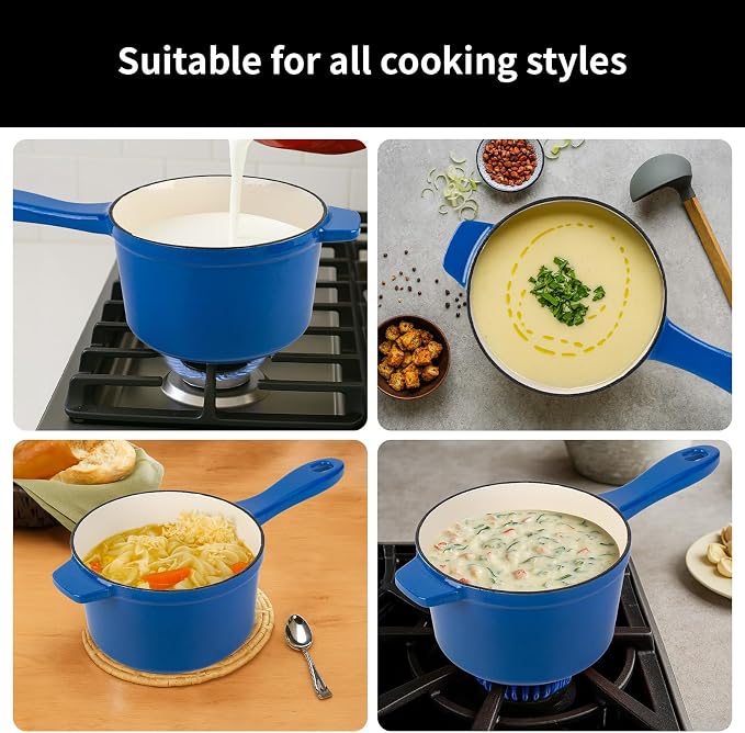 Enameled Cast Iron Sauce Pan with Lid, 1.7 Quart Saucepan with Lid, Small Dutch Oven Pot, Suitable for Small Portions of Soup, Sauces, Oatmeal, Blue