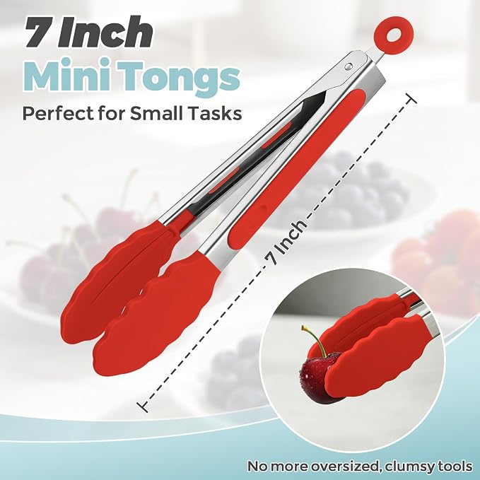 Small Cooking Tongs 7 inch Mini Serving Tongs with Silicone Tips, Set of 3 (Red + Green + Blue)