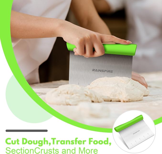 Upgraded 304 Stainless Steel Multi-Purpose Bench Scraper with Measurement Marks, Dishwasher Safe, Dough Cutter for Pizza, Bread and Cookie Dough Vegetable Chopper, Baking Supplies, Green
