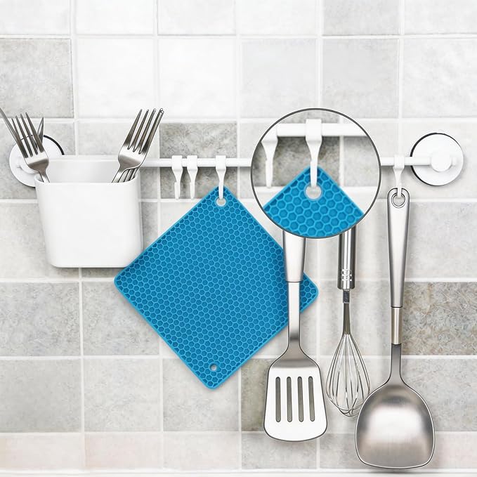 Silicone Trivet Mats 4 Pack, Heat Resistant Pot Mats for Countertops, Large Hot Pads for Kitchen Counter, Quartz Countertop Heat Protector, 7.5x7.5 Inch Square Grey Blue