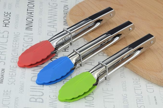 HINMAY 7-Inch Mini Tongs with Silicone Tips, Set of 3 (Green Red Blue) | 7-Inch Serving Tongs