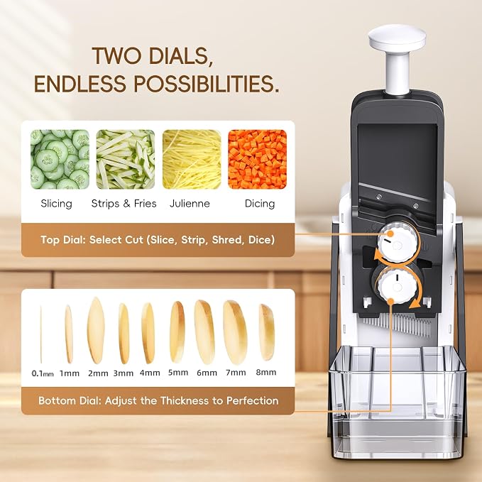 Safe Mandoline Slicer for Kitchen, Vegetable & Food Cutter, Easy to Clean | Vegetable Potato Slicer Chopper Cutter With Container, Wider Tray & Stainless Steel & Filter Basket & Brush (Gray Pro)
