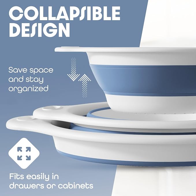 Gevoli Collapsible Colanders (3 Pack Set) Food Strainers with Over-Sink Water Draining Base for Pasta Fruits and Vegetables, White/Blue (3 Sizes, 3QT, 4QT and 5 Quart)