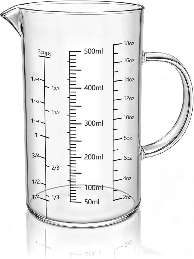 18 oz/500ml Glass Measuring Cup,OLULU 2 Cup Liquid Measuring Cup with 3 Measurement Scales (Cup/Oz/ml), Borosilicate Glass Measuring Cup with Handle & Spout for Baking, Cooking