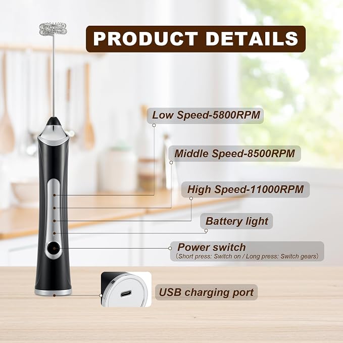 Handheld Electric Milk Frother with 2 Heads, Coffee Whisk Foam Mixer with USB Rechargeable 3 Speeds, Foam Maker Blender for Latte, Cappuccino, Hot Chocolate, Egg (Type 5)