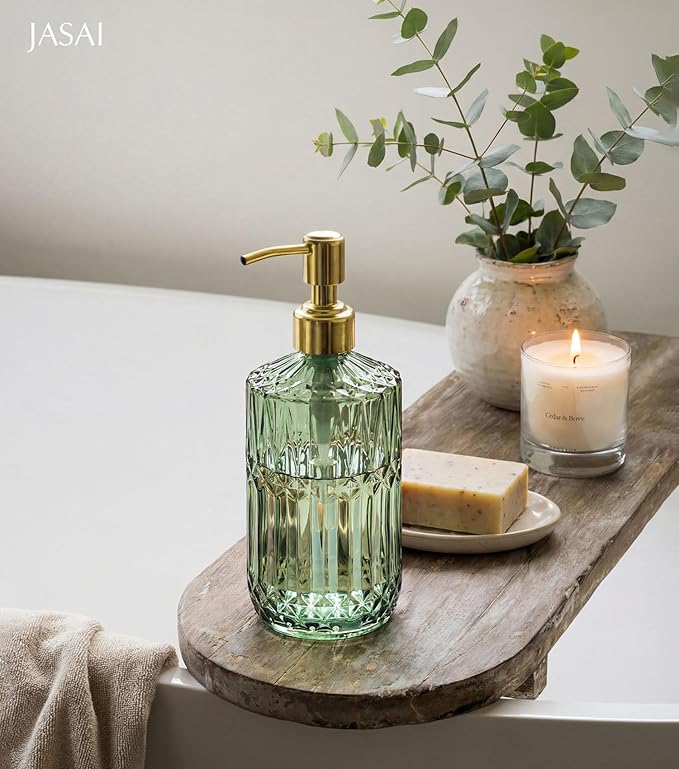 JASAI 2Pack 18Oz Green Glass Soap Dispenser with Gold Rust Proof Pump | Refillable Dish Soap Dispenser for Kitchen, Bathroom Soap Dispenser for Hand soap, Lotion, Body Wash, Liquid Soap