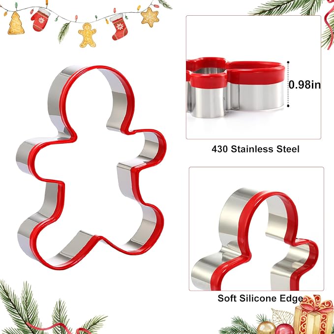 Gingerbread Man Cookie Cutters 3PCS, Stainless Steel Christmas Cookie Cutter Tools with Red Environmental PVC, Gingerbread Boy Shape Moulds Set for Baking