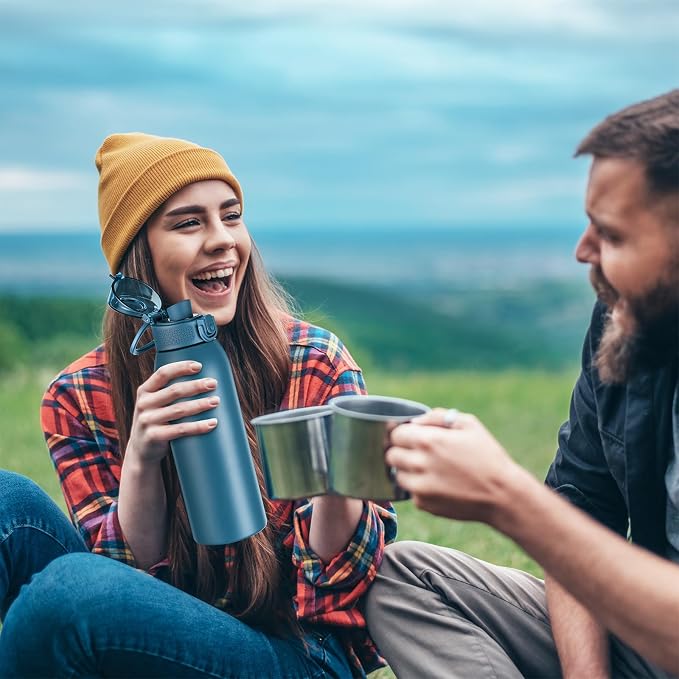 Insulated Water Bottle 24 oz with Dustproof Lid, Carry Handle & Tea Infuser, BPA-Free & Leakproof, Stainless Steel Water Bottles Ideal for Fitness, Hiking, Office & Outdoor Use (Navy Blue)