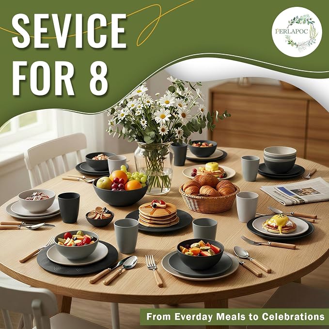 Wheat Straw Dinnerware Sets 40 PCS - Unbreakable Plates and Bowls Sets for 8,Party Kitchen Camping RV Dishwasher & Microwave Safe Modern Lightweight Dishware Sets - Black Grey