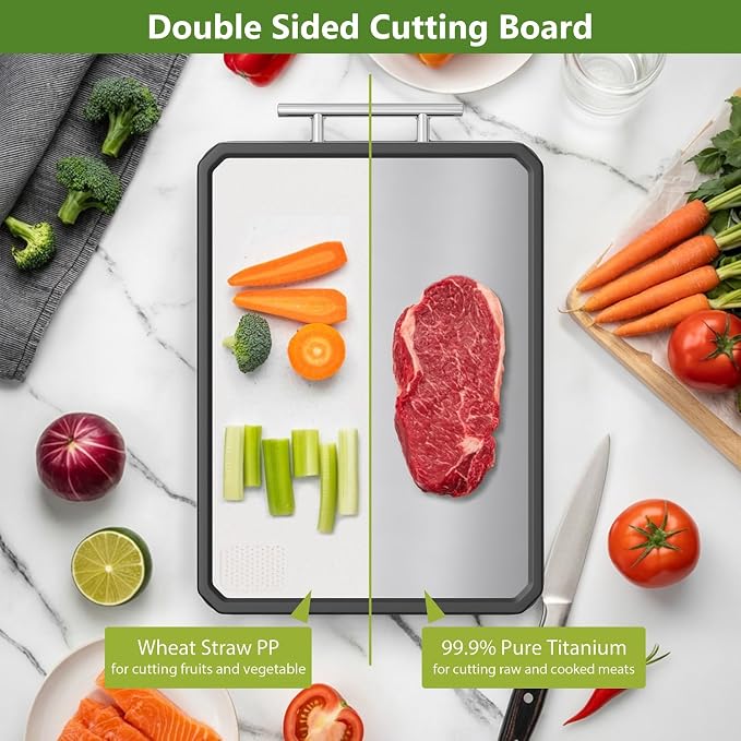 Titanium Cutting Boards for Kitchen, Large 16x11 Inch Pure Titanium and Wheat Straw PP Double Sided Chopping Board, Dishwasher Safe, Easy to Clean