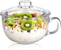 Clear Soup Bowls with Handle and Glass Lid Microwave Round Bowls Glass Cereal Cup Mug Mixing Bowl Insulated Oatmeal Bowl for Breakfast Rice Salad Fruit Yogurt,1 Pack