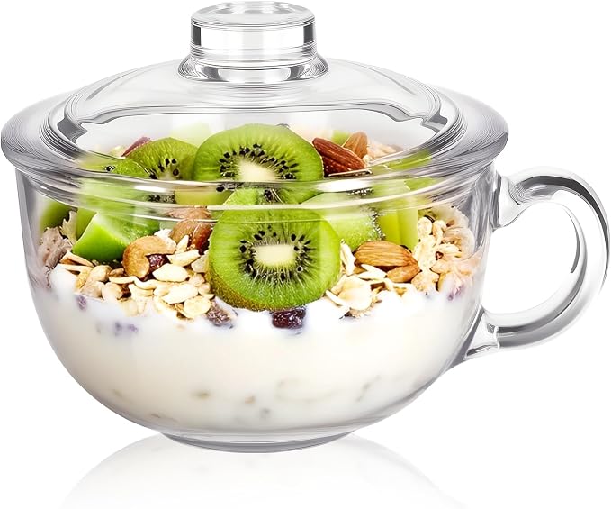 Clear Soup Bowls with Handle and Glass Lid Microwave Round Bowls Glass Cereal Cup Mug Mixing Bowl Insulated Oatmeal Bowl for Breakfast Rice Salad Fruit Yogurt,1 Pack