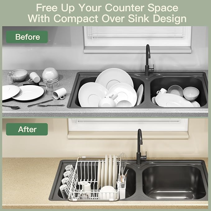 White Dish Drying Rack Over The Sink with Utensil Holder, Mat | Expandable Stainless Steel Dish Drainer for Small Kitchen, Apartment, RV, Counter Space Saving, Perfect Fit, Rustproof