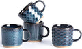 GBhome 6 OZ Stackable Coffee Mugs Set of 4, Ceramic Coffee Cups Set | 4 Assorted Designs, Embossed Mugs with Texture Patterns for Espresso/Tea, Dishwasher&Microwave Safe, Deep Sea
