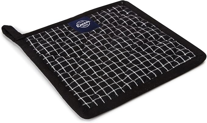 Encasa XO Pot Holders, Quilted Kitchen Hot Pads 8"x8" Butcher Checks Black | 100% Eco-Friendly Cotton | Thick Cotton Padding Insulation | Convenient Hanging Loop | Set of 2
