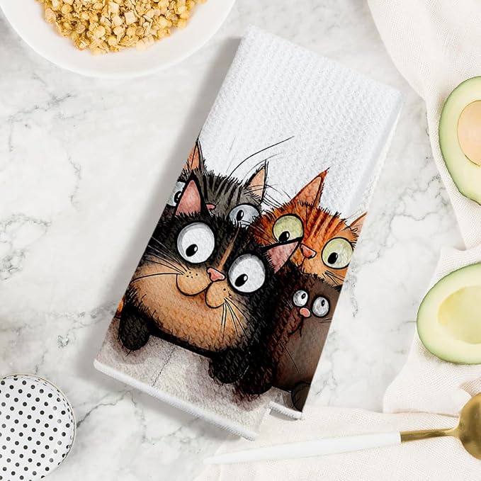 Jztco 4 Pcs Cute Cat Kitchen Towels, Cats Absorbent Hand Tea Towel | Cats Dish Cloths for Drying Dishes, Waffle Dish Towels for Kitchen Home Bathroom Decor, Cat Lover Gifts for Women Mom