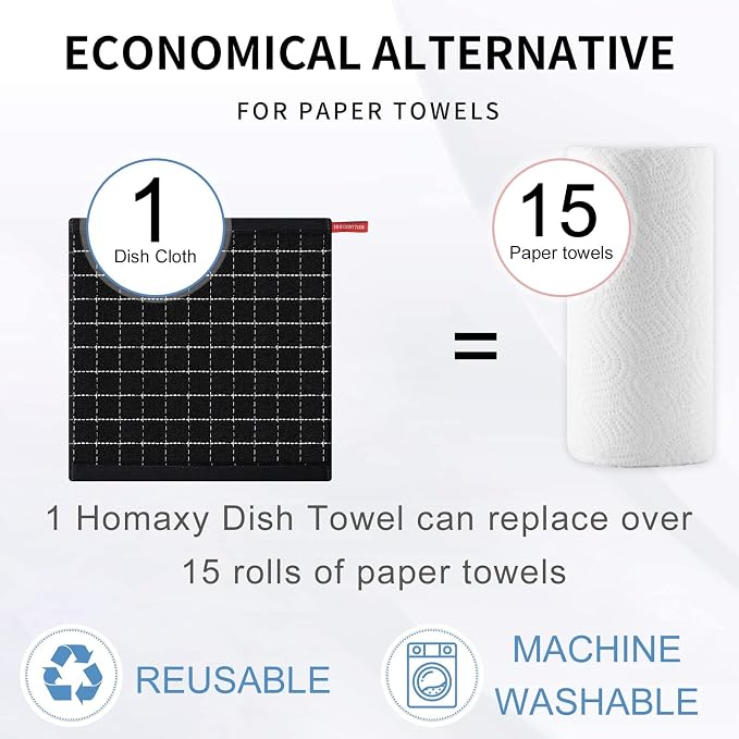 Homaxy 100% Cotton Terry Kitchen Dish Cloths, 12 Pack, Multiple Color | Ultra Soft and Absorbent, Suitable for Drying and Washing Dishes