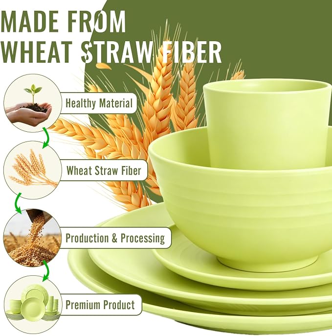 Wheat Straw Dinnerware Set 40-Piece Service for 8 Unbreakable Dishes Set Plates and Bowls Sets Drinking Glasses Microwave Safe Dish Set Lightweight Dinnerware Set for Home & Kitchen - Yellow