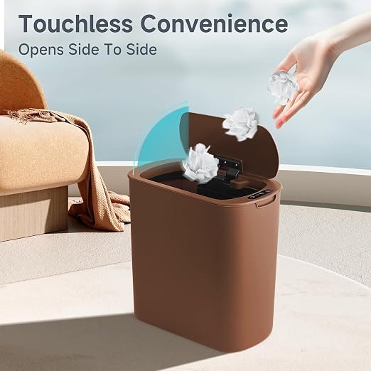 TIPGO 5 Gallon Automatic Bathroom Trash Can with Lid, Brown, Touchless | Motion Sensor, Slim Smart Garbage Bin, Plastic Wastebasket, Battery Operated, Manual Button, for Bedroom, Office,RV
