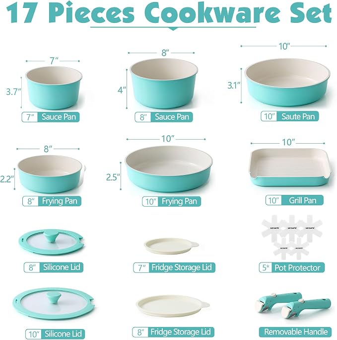 SENSARTE 17 Piece Ceramic Detachable Handle Pots and Pans Set Turquoise | Ceramic Cookware Set, Induction Cookware Set with Removable Handle, Healthy Non Stick for RV, Dishwasher ＆ Oven Safe