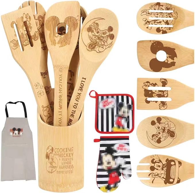 Wooden Spoon for Cooking- Wooden Spoons Bamboo Utensils Set Kitchen Decoration- Fun and Stylish Kitchen Accessory with Cute Apron Oven Mitt Potholder- Best Kitchen Gifts for Women (Red)