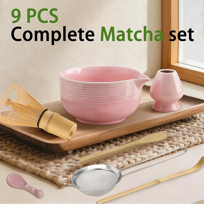 Clay&Fire Matcha Whisk set, 9 pcs Handcrafted Matcha Set for Beginner | Matcha Bowl with Spout and Whisk, Matcha Tea Kit for Matcha Lovers, Ideal Gift for Friend (Light pink)