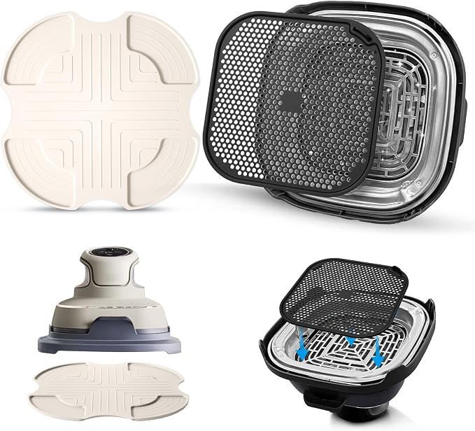 Silicone Mat for Ninja Crispi Air Fryer, Heat-Insulating Trivet for FN101 Containers – Kitchen Splatter Guard, Ninja crispi Accessories Oil Blocker, Keeps Countertop Clean(Off White & Black)