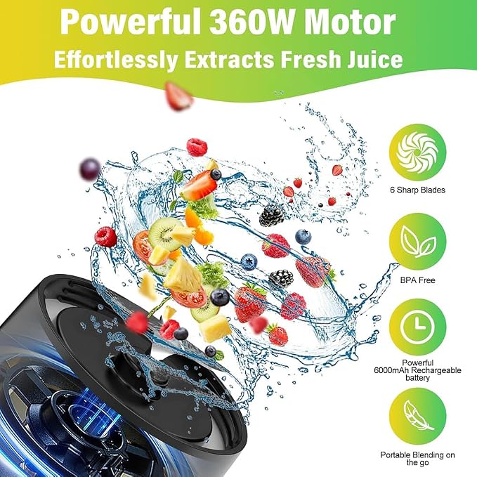 Portable Blender 700ml (24oz),USB Rechargeable Personal,360W High-Power Motor, 6000mAh Long-Lasting Battery, Self Cleaning & BPA Free & Leakproof-Lid for Travel, Home, Office, Camping (Black)