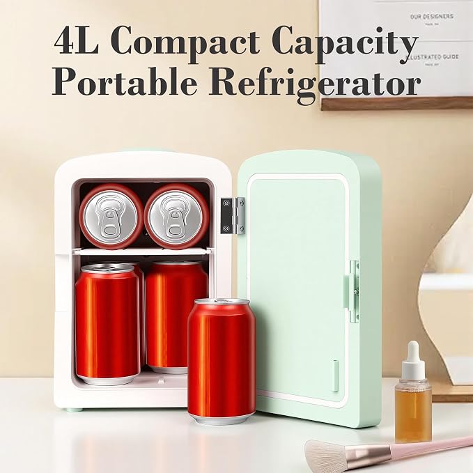 Mini Fridge, 4 Liter /6 Cans Makeup Fridge with Dimmable LED Mirror - Green | Compact Mini Skincare Fridge for Beauty & Beverages, Dual-use Portable Tiny Fridge for Bedroom, Desk, Office, Home, Car, Gift