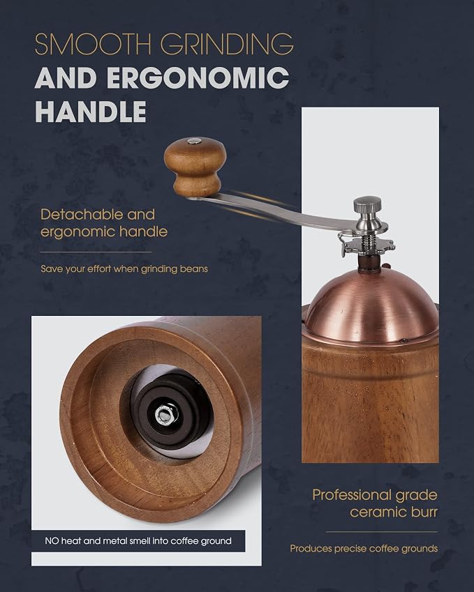 POLIVIAR Manual Coffee Grinder, Coffee Bean Grinder with Adjustable Ceramic Burr, Vintage Style Wooden Hand Coffee Grinder, Large Capacity Burr Coffee Grinder with Brush and Spoon (JX2022-CG20) | Coffee Bean Grinder with Adjustable Ceramic Burr, Vintag...