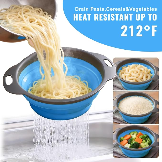 2 Pack Collapsible Silicone Colander with Handle, Over Sink Foldable Food Strainer, BPA-Free Space Saving Drain Basket for Vegetables, Fruits, Pasta, Kitchen & Camping (Blue)