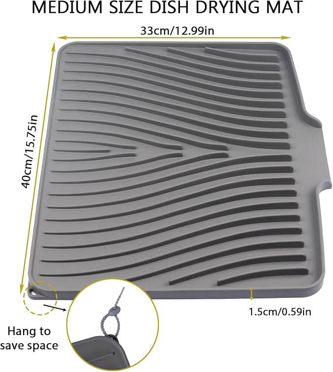 Silicone Dish Drying Mat for Kitchen Counter, Gray-1pcs, 16" x 13" | Heat Resistant & Non-Slip Dish Drain Pad with Built-In Drain, Dishwasher Safe, Quick-Dry, Hangable & Roll-Up for Storage