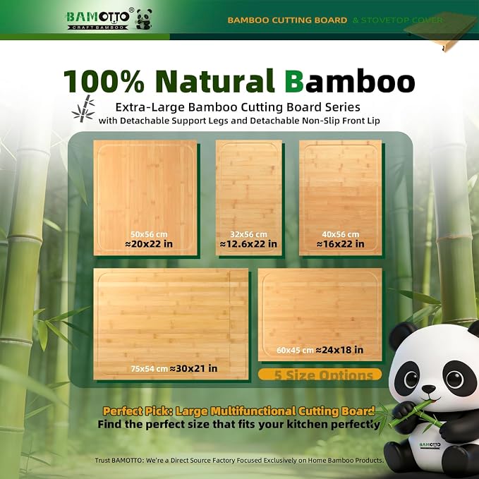 BAMOTTO CRAFTBAMBOO 16 x 22 Inch Bamboo Cutting Board Stovetop Cover | Detachable Support Legs | Detachable Front Lip | Over-the-Sink Board | RV Camper and Home Kitchen
