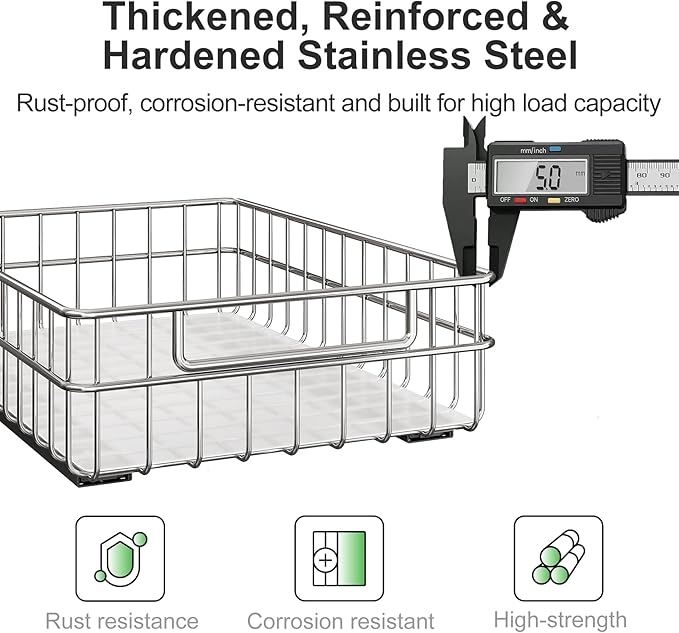 Pull out Cabinet Organizer, Stainless Steel 2-Pack (9.8"W x 16.5"D) Full-Extension Slide out Drawer, Adhesive Roll out Can Spice Storage Basket Shelf Rack for Pantry, Kitchen, Bathroom, Home Closet