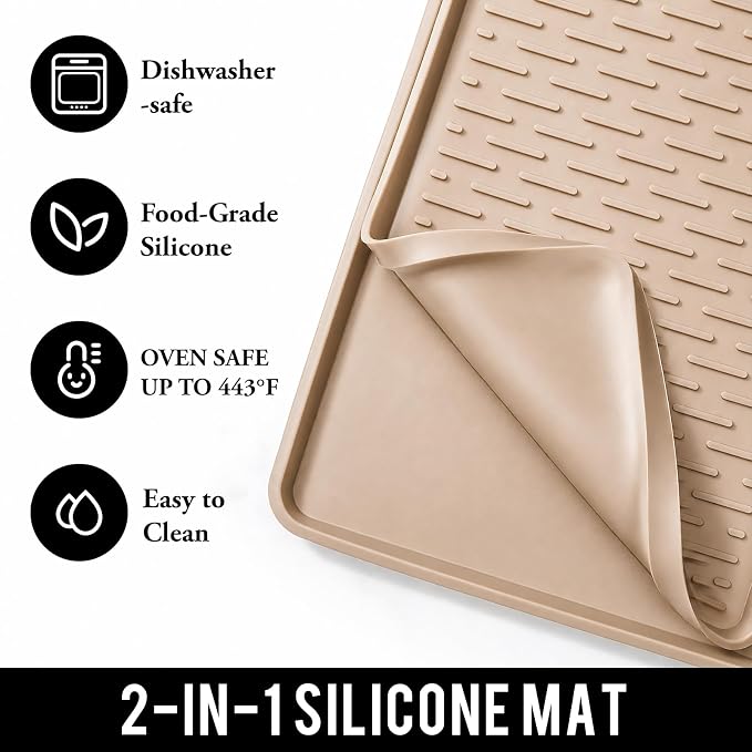 Caketime 2 In 1 Silicone Coffee Bar Mat Accessories for espresso Machine with Detachable Dish Drying Rug Waterproof Kitchen Office House Gadgets Under Sink Drainer 2026 Must Haves 16"x16" Beige