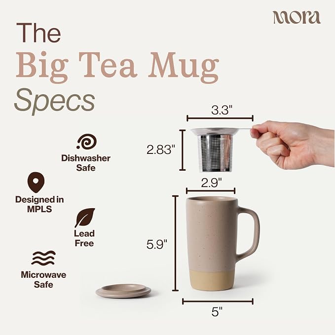Mora Ceramics Large Tea Mug with Loose Leaf Infuser and Ceramic Lid, 18 oz, Portable, Microwave, Dishwasher Safe, Tall Coffee Cup - Rustic Matte Ceramic Glaze, Modern Herbal Tea Strainer, Mushroom