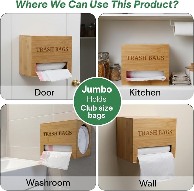 Trash bag holder dispenser | Bamboo garbage bag holder dispenser for Under Sink Storage | Wall Mount trash bag holder | Portable Hanging Organizer for Kitchen & Utility Use