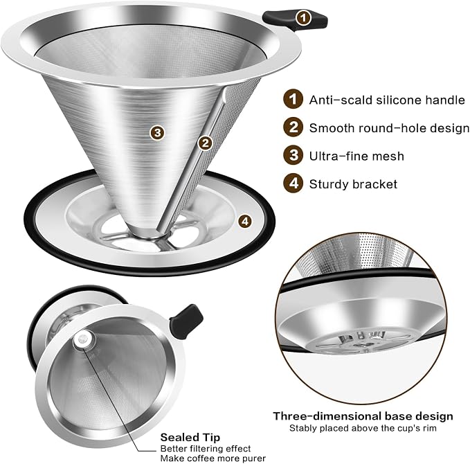 Large Size Pour Over Coffee Dripper, Stainless Steel Coffee Filter, Paperless Reusable Coffee Filter, Double Micromesh 600 Mesh Strainer Coffee Maker with Heat-Resistant Silicone Handle & Base