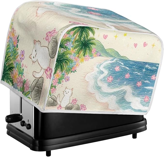 Cat Beach Print Toaster Cover 2 Slice Floral Printed Bread Maker Cover Palm Tree Print Toaster Oven Covers for Kitchen Counter