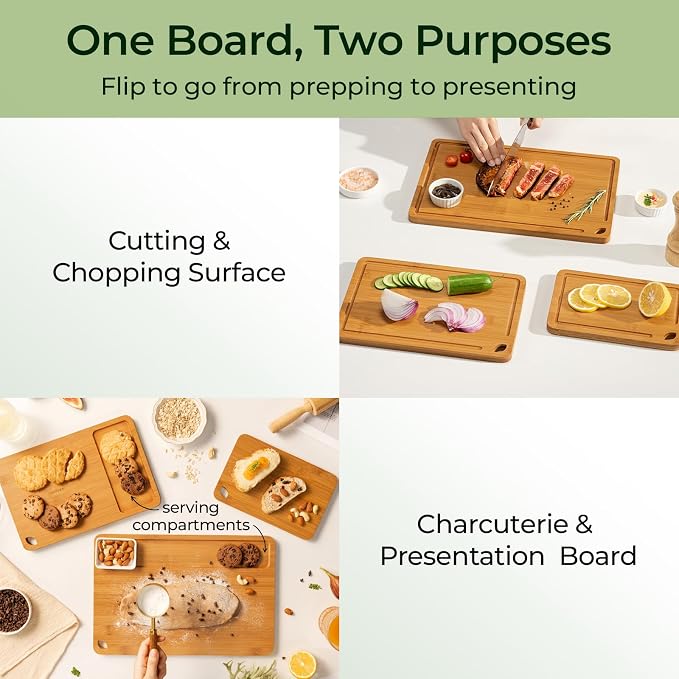 Keechee Bamboo Cutting Board, Wood Chopping & Butcher Block for Kitchen | Non Toxic, Resisted-Cracking&Curling, Deep Juice Groove, Side Handles,Cross-Laminated Structure, Knife-Friendly, Gifts Ready