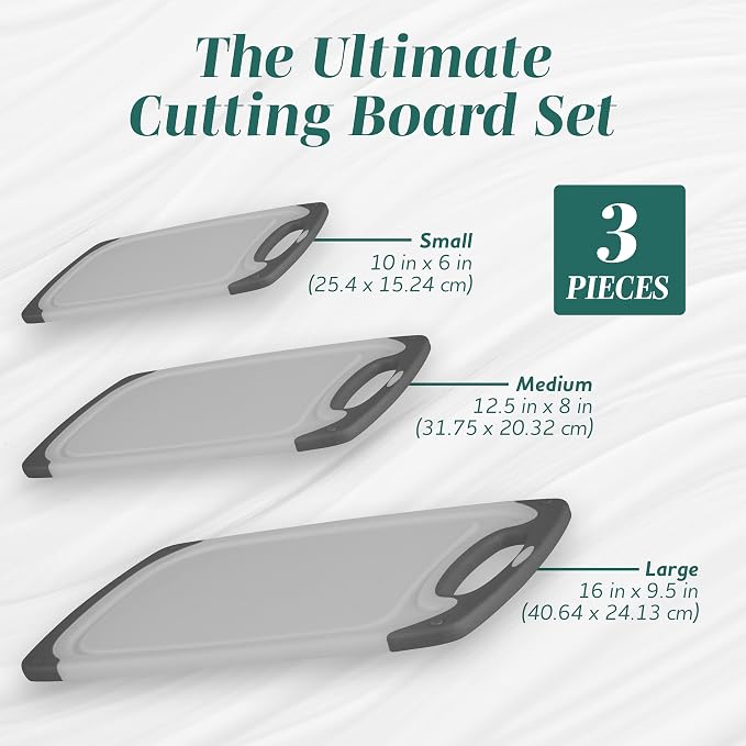 Cutting Boards for Kitchen - BPA-Free Chopping Board - Different Sizes & Non Slip Handles - Reversible, Large Cutting Board Set - Unique Gifts for Cooks Who Have Everything - 3-Pack Gray/Gray