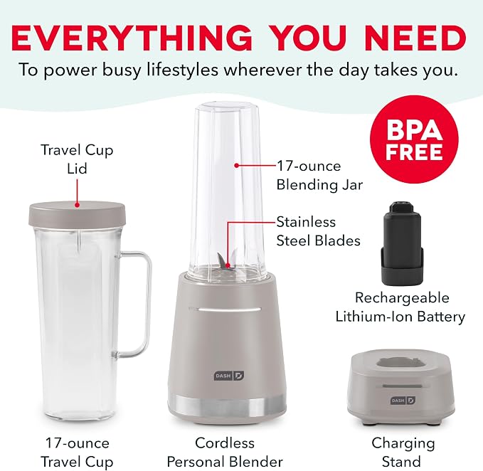 Dash Cordless Personal Blender, 17-oz, French Grey | Portable Smoothie Blender for Protein Shakes & Frozen Drinks, Single-Serve Travel Cup, Rechargeable