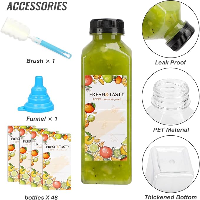 48pcs 16oz Plastic Juice Bottles with Caps, Sticker Labels, Brush | Reusable Plastic Juice Bottles with Caps and Labels, Funnel, Brush Beverage Containers for Juicing, Smoothies, Tea, Milk