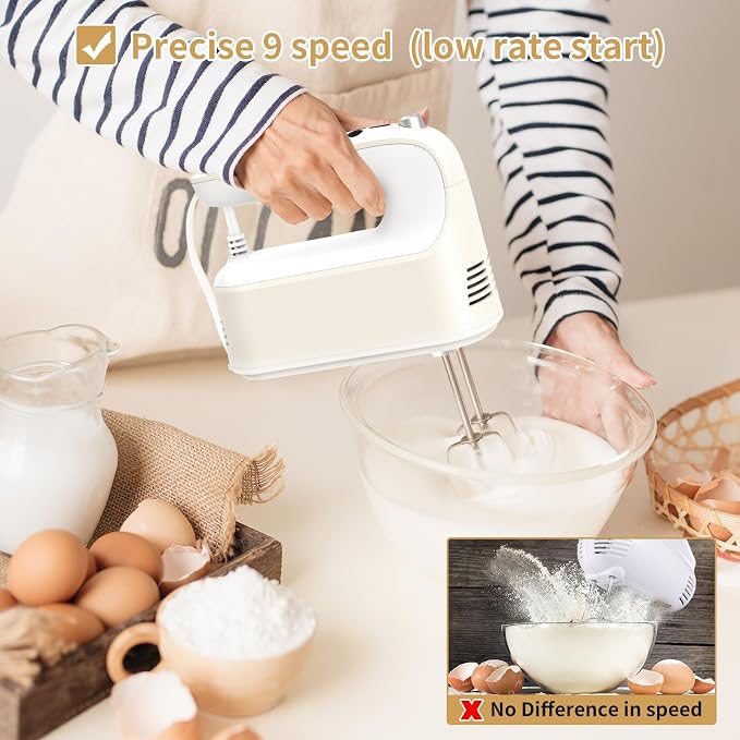 Yomelo 9-Speed Digital Hand Mixer Electric, 400W Powerful DC Motor, Hand Mixer Electric Handheld with Snap-On Storage Case, 5 Stainless Steel Accessories, Beaters, Dough Hooks, Whisk(Cream White)