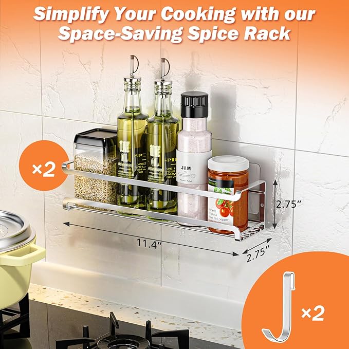 Bunoxea Spice Rack Wall Mounted 2 Pack, Silver,For Spice Jars & Seasonings | 2 Removalble Hooks,Screw or Adhesive Hanging, Space-Saving,For Kitchen Cabinet, Pantry Door,Stove,RV Use,11.41x2.75x2.75in