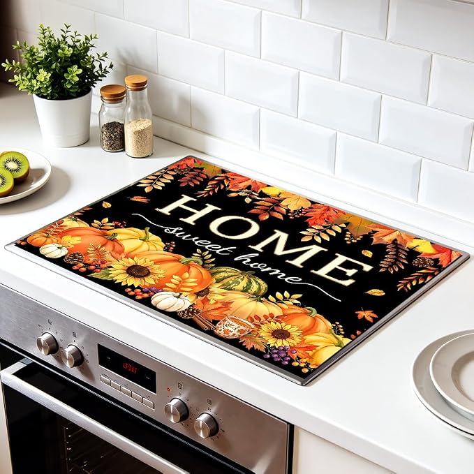 Fall Pumpkin Stove Top Cover for Electric Stove, 28x20 In Mat | Heat-resistant non-slip mat holds hot cookware; glass cooktop protector, dish drying; thanksgiving farmhouse kitchen decor