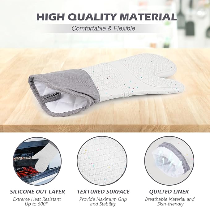 Extra Long Silicone Oven Mitts - Heat Resistant up to 500°F, 15'' Waterproof and Non-Slip Oven Gloves with Soft Quilted Liner - Perfect for BBQ, Cooking, Baking, and Grilling - 1 Pair, Light Grey